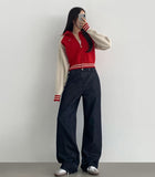Raw autumn non-fade banding casual wide denim pants