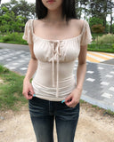 Noir Ribbon Shirred Cap Sleeve Short Sleeve