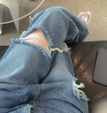 Distressed Ripped Jeans Straight Wide Denim