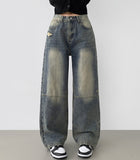 Unique Cut Line Damage Point Balloon Wide Denim Pants