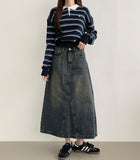 Simple Casual A-line 4-season Curved Line Denim Long Skirt