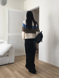 Wool Stripe Color Matching Button Round Long Sleeve Knitwear