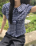 Warden Round Collar Puff Check Blouse