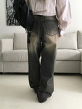 teki string washing wide denim pants