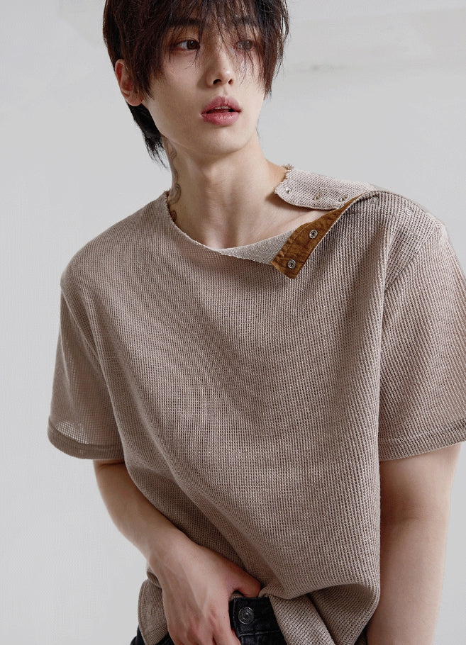 【COSYHARU】Open 5 button ribbed round knit short ver COSYHARU (コシハル) - オープン5ボタンリブラウンドニット