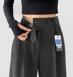 Brushed inner button pin tuck long wide slacks pants