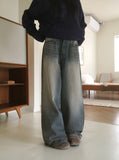 Kame two-way snap button long wide denim pants
