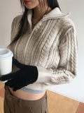 Dual Washing Cable Two-Way High Neck Crop Long Sleeve Knit Zip-Up