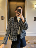 Demur Color Matching Collar Pattern Tweed Short Jacket