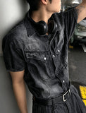 [Muscle Fit] Western Denim Linen Shirt
