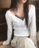 Bimi Punching Eyelet Half Button V-Neck T-Shirt