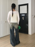 Wick Yellow Washing Slit Long Wide Denim Pants