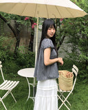 Hichu Stripe Frill Lace Ribbon Short Sleeve Blouse