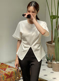 Duba Span Shirring Front Slit Short Sleeve T-shirt