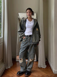 Damage Two Way Denim Hooded Jacket