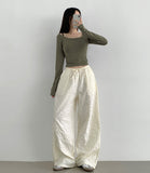 Chic Dodo Open Waist U-neck Long Sleeve T-shirt