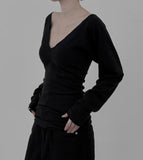Mutton Sleeve Deep V-Neck Long T-Shirt