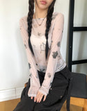 Dubi Flower Mesh See-through Long Sleeve T-shirt