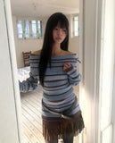 Mina Fold Slim Fit Ribbon Off-Shoulder Color Matching Stripe Knit