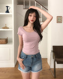 [1+1] Way Basic Slim U-Neck Short Sleeve