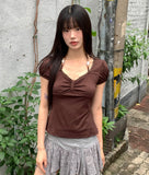 Code Beads Ribbon Shirring Puff Short Sleeve T-Shirt