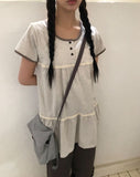 Juon Shirred Button Loose Fit Henley Neck Short Sleeve T-shirt