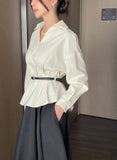 Doberin Open Collar Pintuck Blouse (Belt Set)