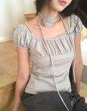[Tie set] Hadel Corsage Layered Rib Shirring Puff T-shirt
