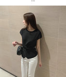 Side Button Wrap Drape Twist Shirring Short Sleeve Knit