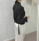 Waist Strap Neck Tie Balloon Puff Blouse