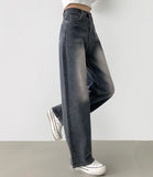 Elastic semi-wide washed denim pants XL Size