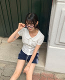 Jenny Round Collar Pin Tuck Lace Puff Short Sleeve Blouse