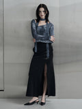 [mnem] deep slit buckle long skirt