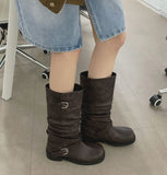 Two-way Buckle Shirring Slit Middle Boots