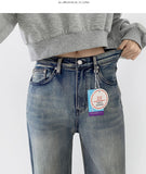 Basic Wide Fit Washing Banding Span Heated Fabric Brushed Denim Pants