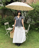 Hichu Stripe Frill Lace Ribbon Short Sleeve Blouse