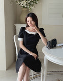 Lene Color Matching Ribbon Puff Tweed Mini One Piece