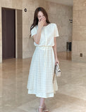 Digen Check Dot String Layered Long Skirt