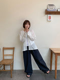 [unisex] Mubone Summer Stripe Linen Banding Wide Pants