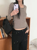 Liren Stripe Slim Fit Round Crop Long Sleeve T-Shirt