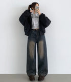 Winter Side Cut Fleece Brushed Wide Fit Denim Pants