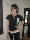 Rahi 05 Here Printing Henley Neck Button Short Sleeve T-shirt