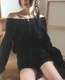 Potic Rivet Pocket Pile Off Shoulder Zip-up