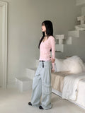 Washed Pocket Cargo Light Blue Long Wide Denim Pants