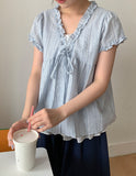 Olbe Layered Ribbon Short Sleeve Blouse