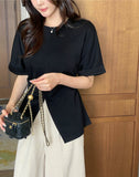 Duba Span Shirring Front Slit Short Sleeve T-shirt