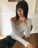Evin Ribbon Unbalanced Layered One-Off Shoulder Long Sleeve T-Shirt