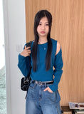 Cordill ribbed color matching shoulder slit cropped long sleeve knit