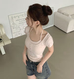 Slim Fit Cup Halter Strap Fake Layered Shirring Short Sleeve T-shirt