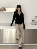 Evia Ttoto Button Slim Ribbed Hooded T-Shirt